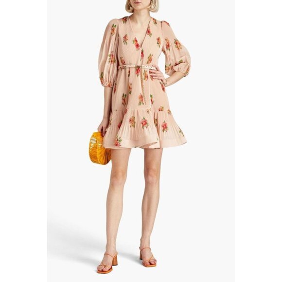New ZIMMERMANN Fluted floral-print plissé-organza mini dress Size 3/ US 10 - Picture 2 of 14